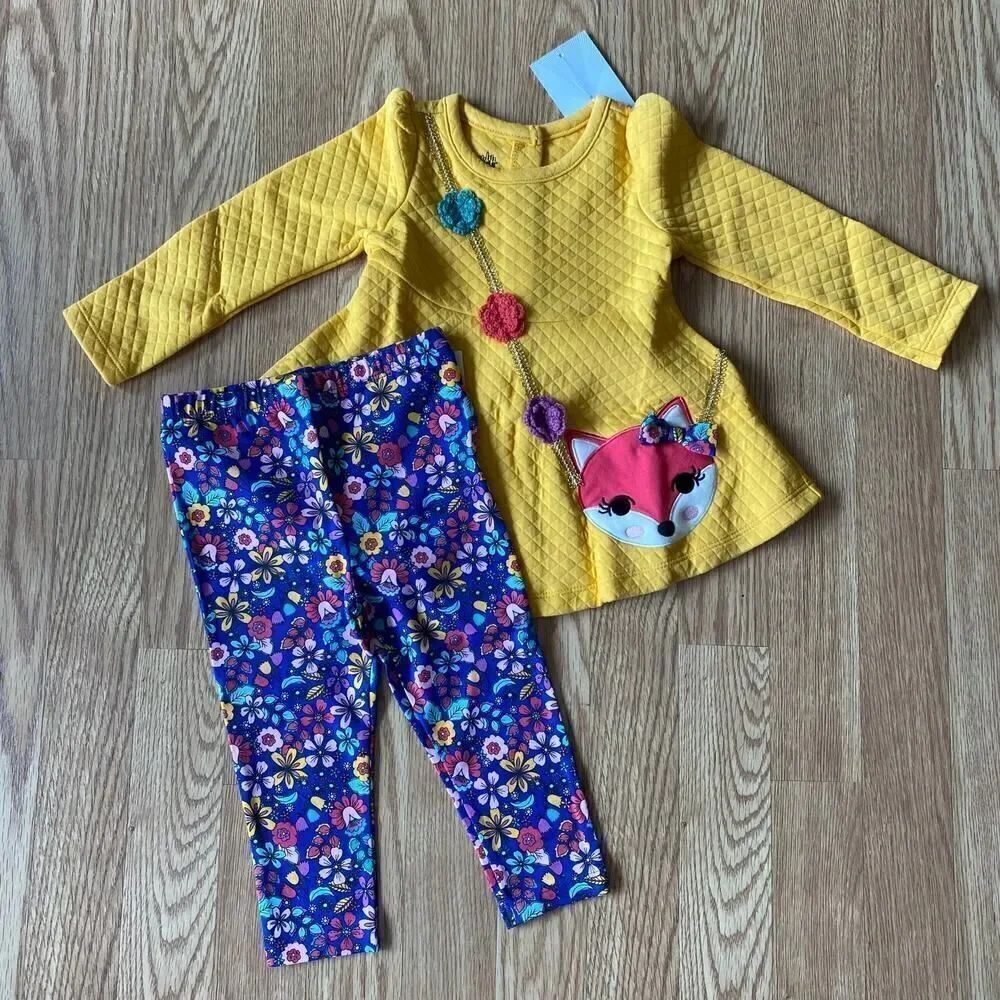 Kids Headquarters Flower Fox Long Sleeve 2 Piece Set Yellow Blue 18 Months
